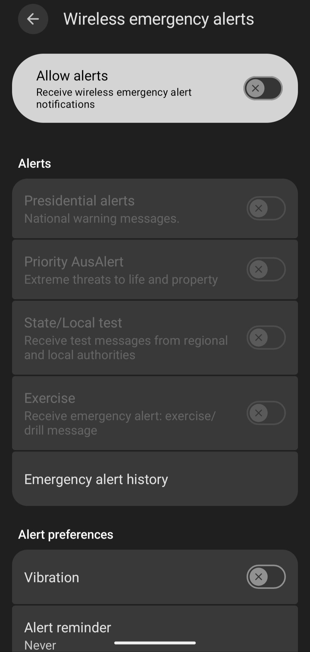 Screen shot of disabled emergency wireless alert
