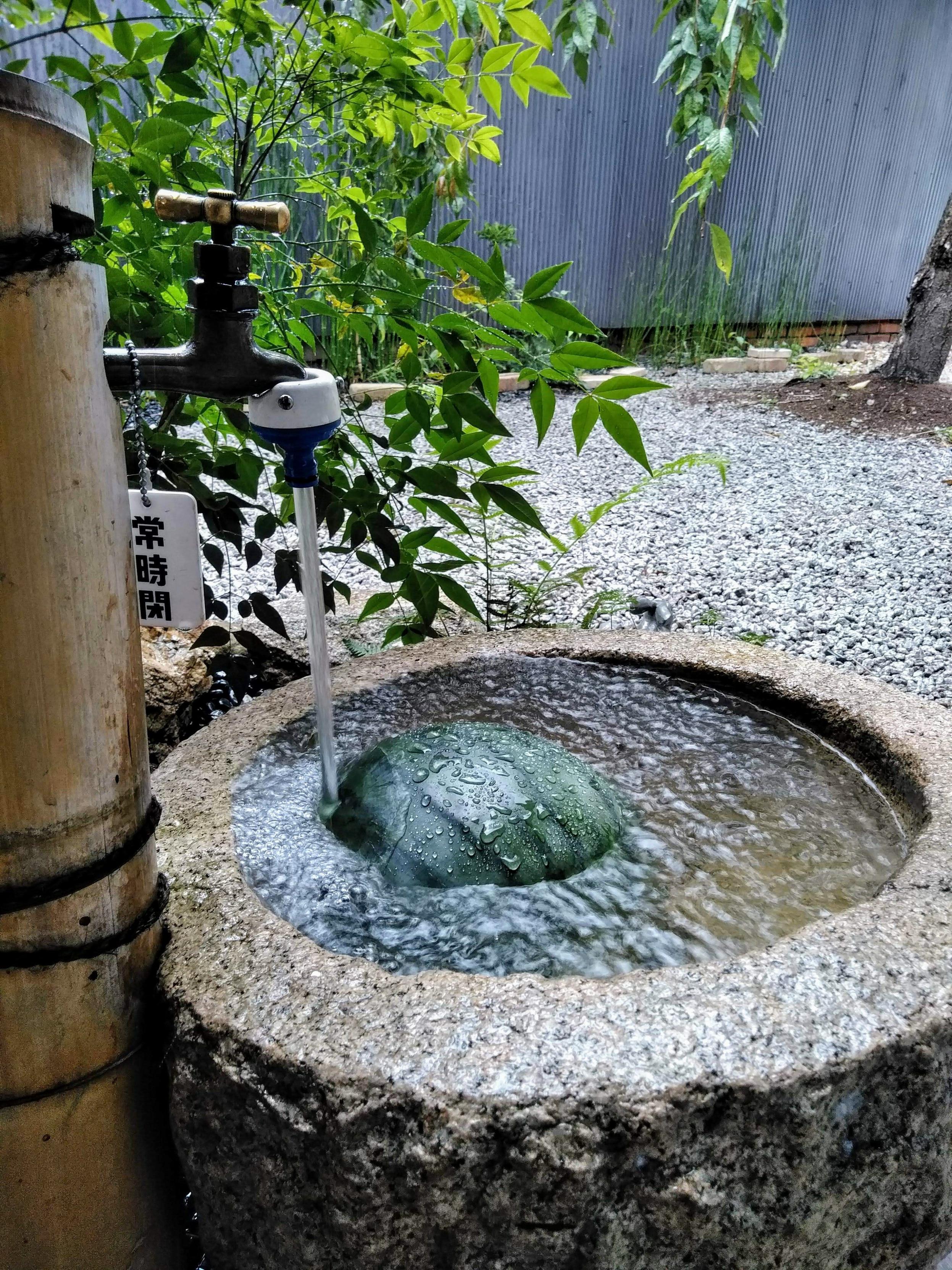 Cooling off a watermelon in the old tsukubai.