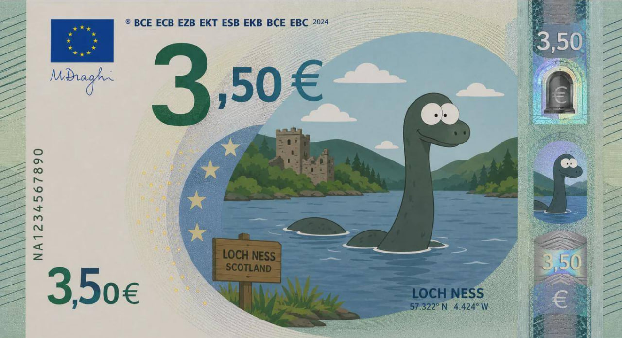 Fake euro banknote featuring Nessie