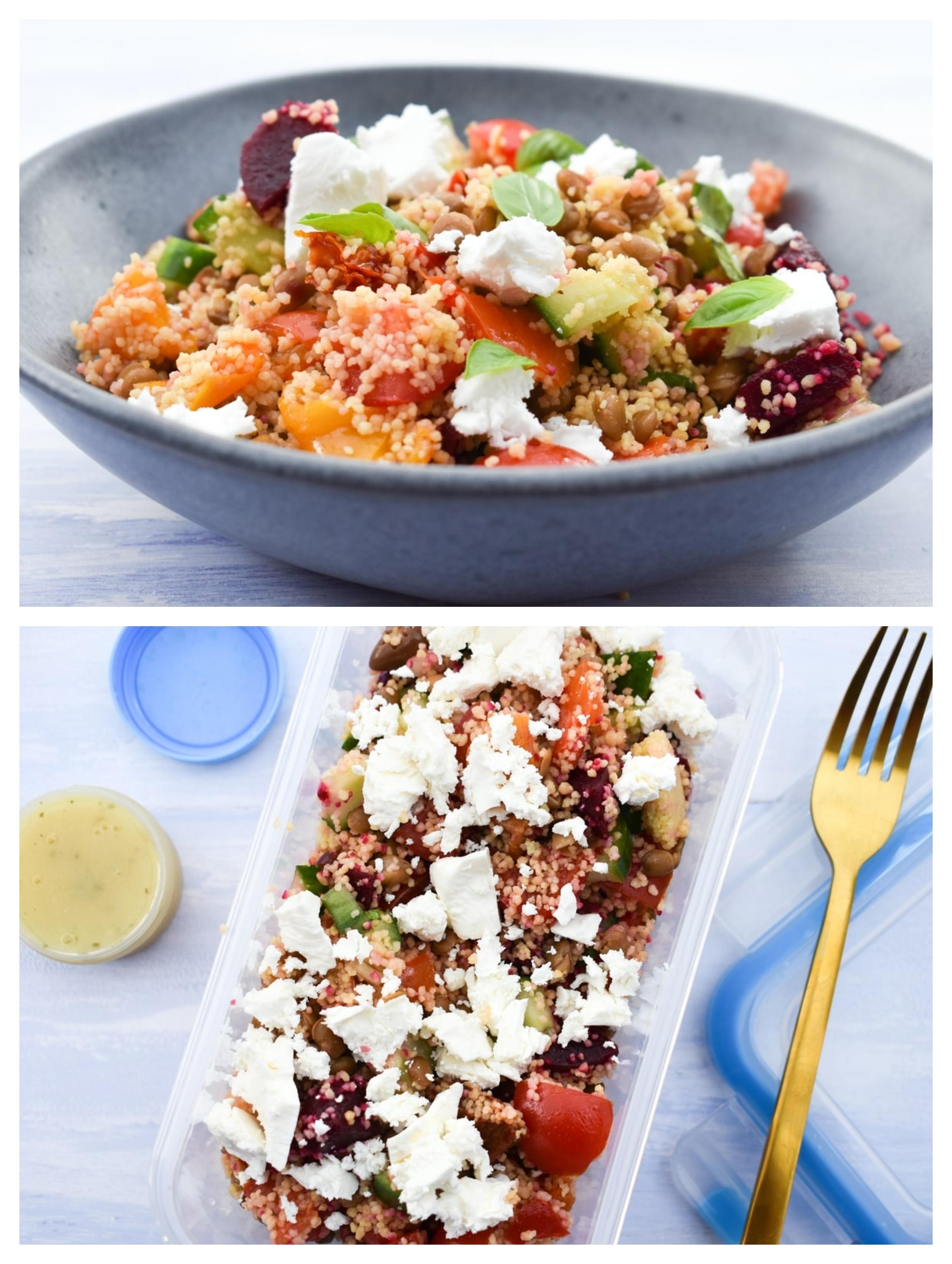 Lentil couscous salad topped with crumbled vegan feta in a bowl and in a lunchbox served with a little tub of dressing.