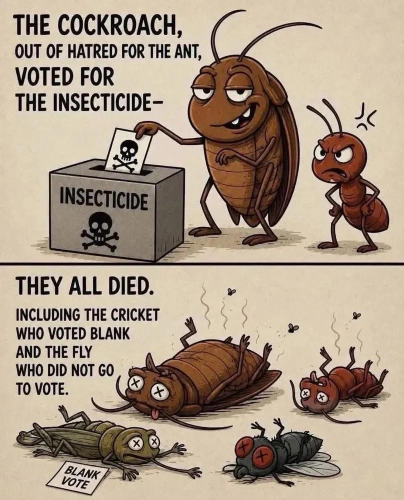 Two panel cartoon showing a voting scene and dead insects in the next, along side the text "The cockroach, out of hatred for the ant, voted for the insecticide. They all died. Including the cricket, who voted blank, and the fly who did not go to vote."