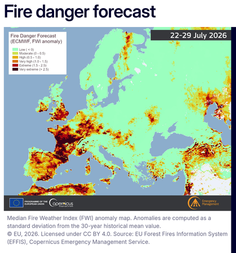 Fire danger forecast between 22 and 29 July

Very extreme conditions dominate southwestern France and extend into northern Spain, with additional pockets across Portugal and the British Isles and Ireland.

Extreme conditions surround these areas, covering the wider Iberian Peninsula, western and central France, and northern Finland, along with parts of the western Balkans.

Very high danger stretches across scattered patches of central Europe and parts of Türkiye with further pockets over North…