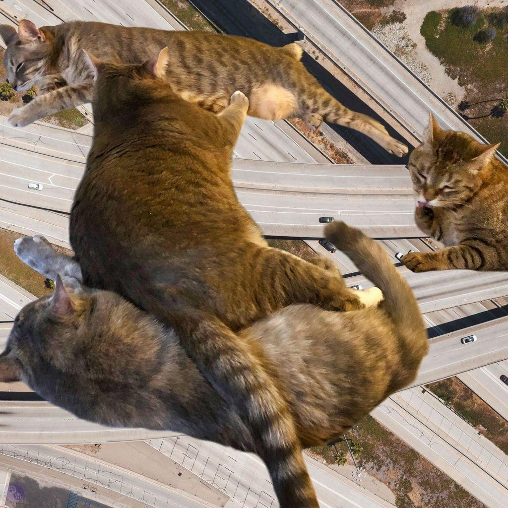 A photo are they busy multilevel interstate exchange with scrubby doesn't like landscape between it shot from above there was overlay in a photo illustration for cats, three of them forming a lying on its back letter H with their bodies, while a fourth cat in the middle of the right hand side of the frame has half of their torso with one paw out all of them somehow seeming to block all the roadways
