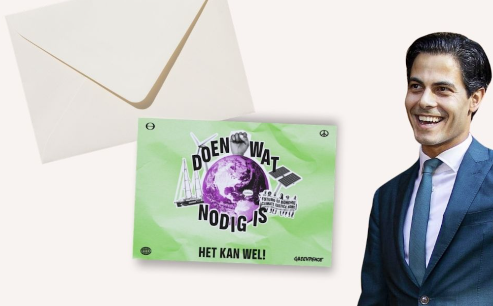 Boodschap aan Jetten : Zet je voornaam op het kaartje en we herinneren hem met z’n allen dat rechtvaardig klimaatbeleid kan én moet