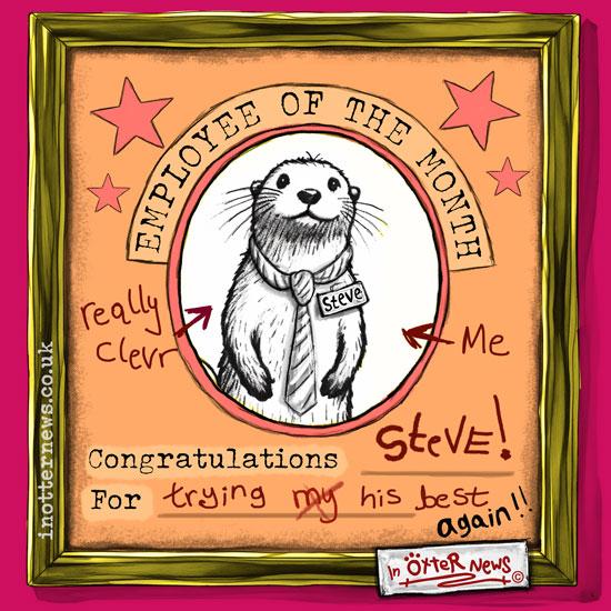 A whimsical hand-drawn framed cartoon of an otter wearing a tie and name badge as an employee award, decorated with stars.