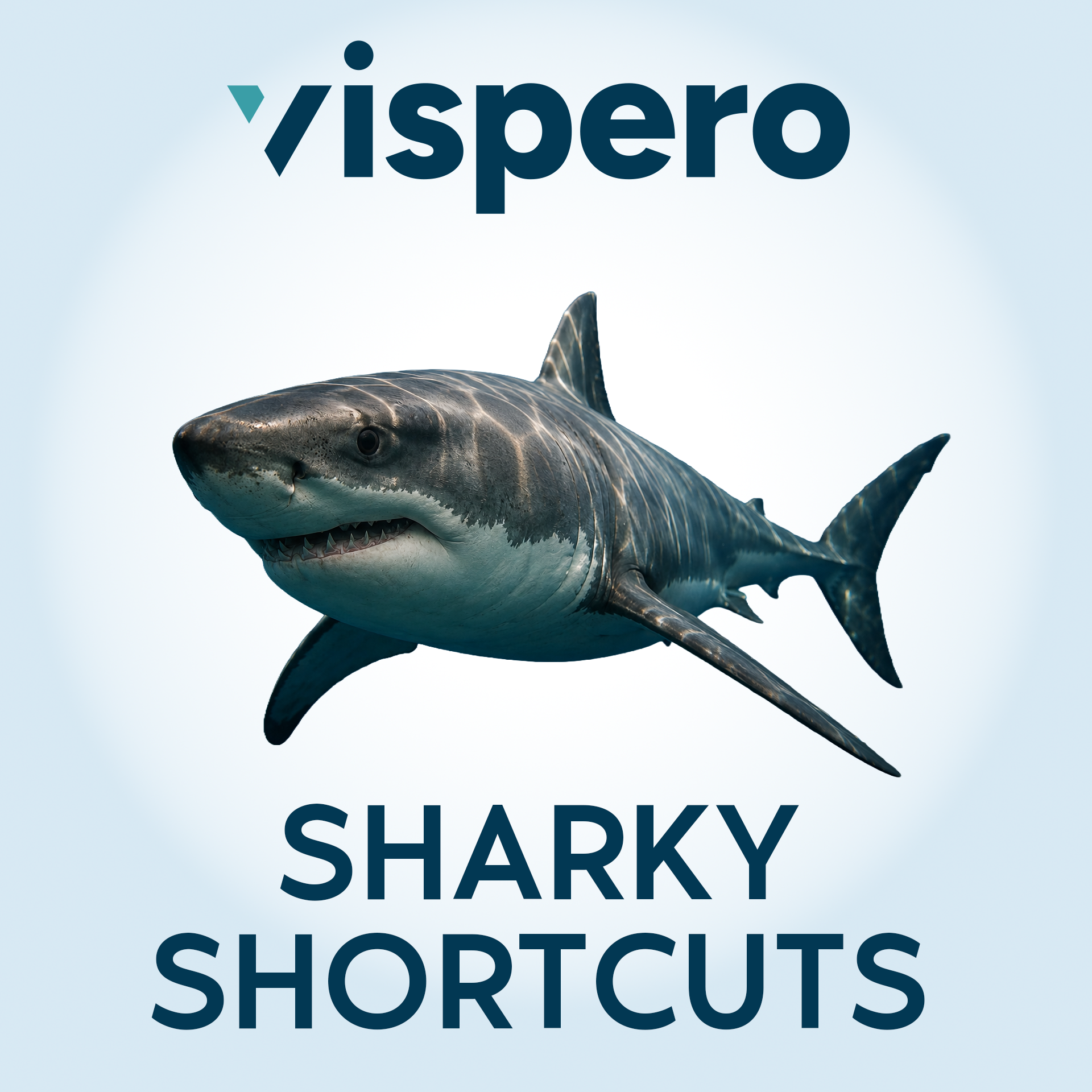 A great white shark pictured in the middle of the image with the Vispero logo above and Sharky Shortcuts below.