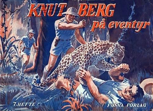 Forsida til "Knut berg på eventyr" 7. hefte. Vi ser ein jungelscene, der ein gepard går til åtak på ein mann. Ein annan mann kjem springande med kniv i handa. Ein tredje mann kjem også springande.