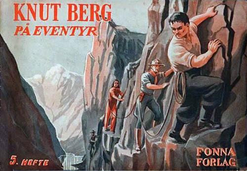 Forsida til "Knut berg på eventyr" 5. hefte. Vi ser ei fjellklatringsscene, der tre menn og ei kvinne klamrar seg til fjellveggen, berre sikra med tau til kvarandre.