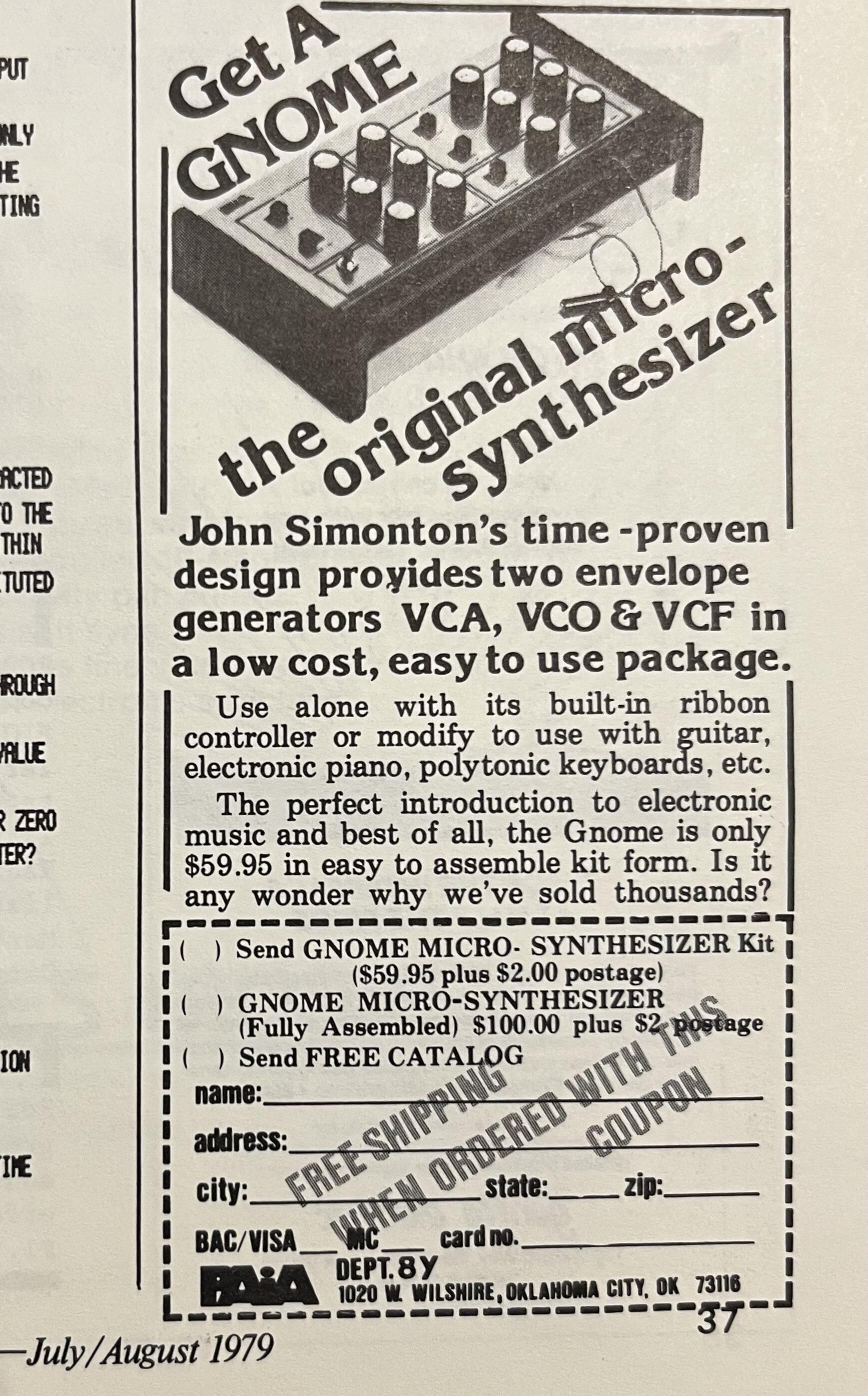 Photo of mail-order ad for the PAIA Gnome analog micro-synthesizer. Taken from the July-August 1979 issue of Polyphony magazine.