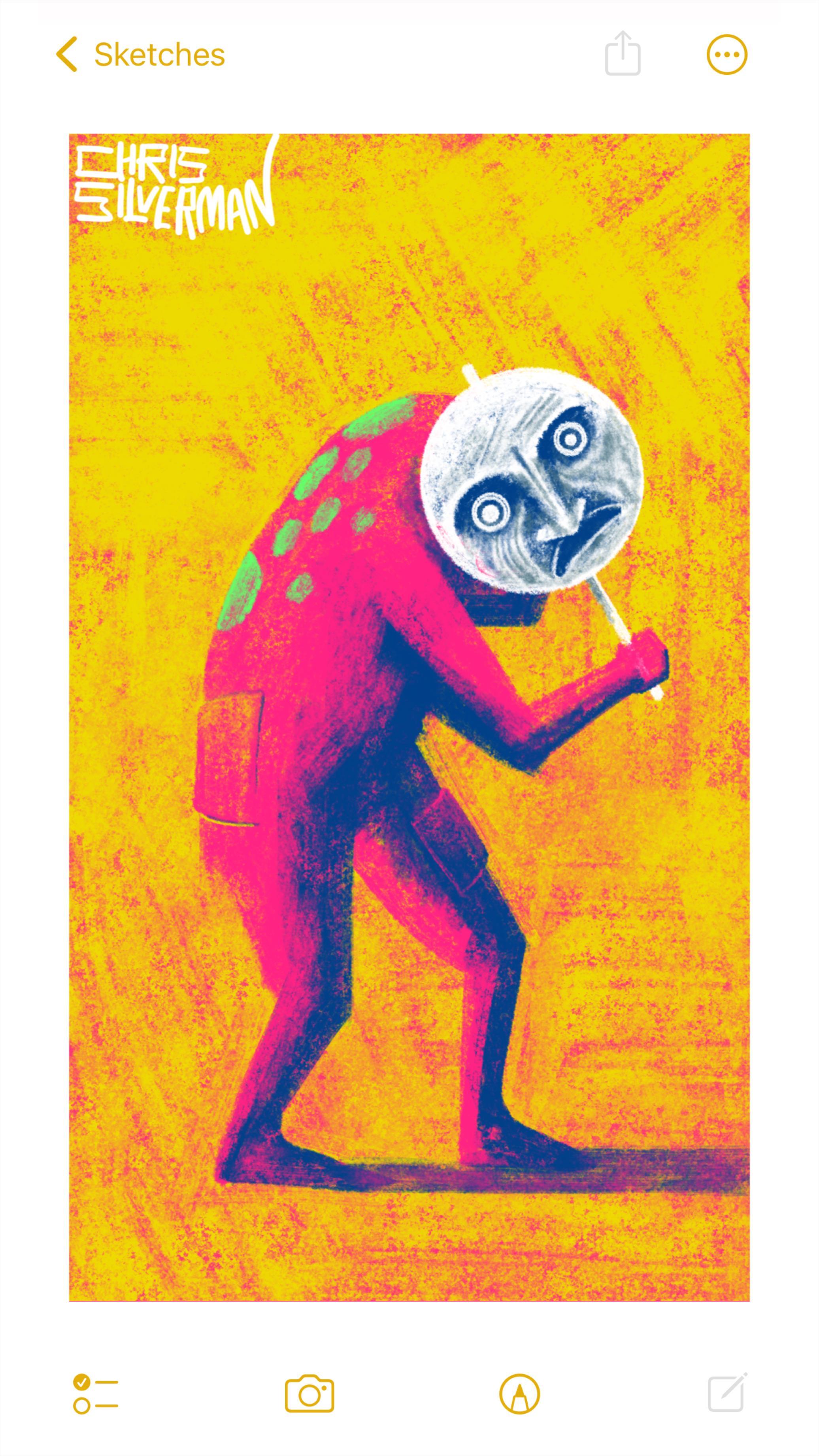 A hunched, neon-pink figure holds a white mask in front of its head. The mask is white and has a frowning, pinched face that looks like a gargoyle. The figure itself has bright green spots on its back, and a few small pockets at various locations on it. It casts a long shadow. The background is bright yellow. The painting is signed "Chris Silverman".