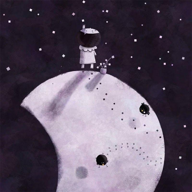 Pierrot, en haut de la lune, cherche à attraper une étoile
