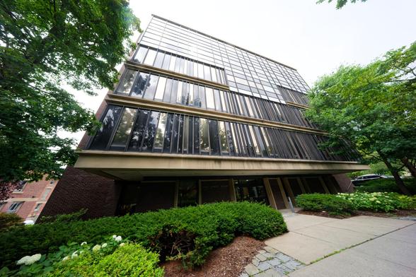 Close shot of bulky looking building which looks like it may have come out of a 1970s science fiction movie
