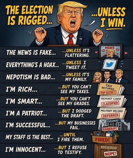 Cartoon: Trump throwing a tantrum.

- The election is rigged... unless I win.

- The news is fake... unless it's flattering.

- Everything is a hoax... unless I tweet it.

- Nepotism is bad... unless it's my family.

- I'm rich... but you can't see my taxes.

- I'm smart... but you can't see my grades.

- I'm a patriot... but I dodged the draft.

- I'm successful... but my businesses fail.

- My staff is the best... until I fire them.

- I'm innocent... but I refuse to testify.