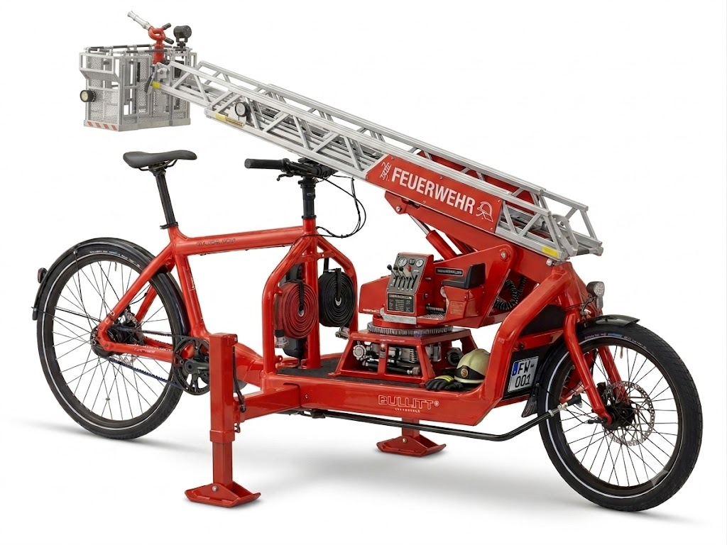 Ein Bullit Lastenrad mit Drehleiteraufbau ( KI erstelltes Bild)