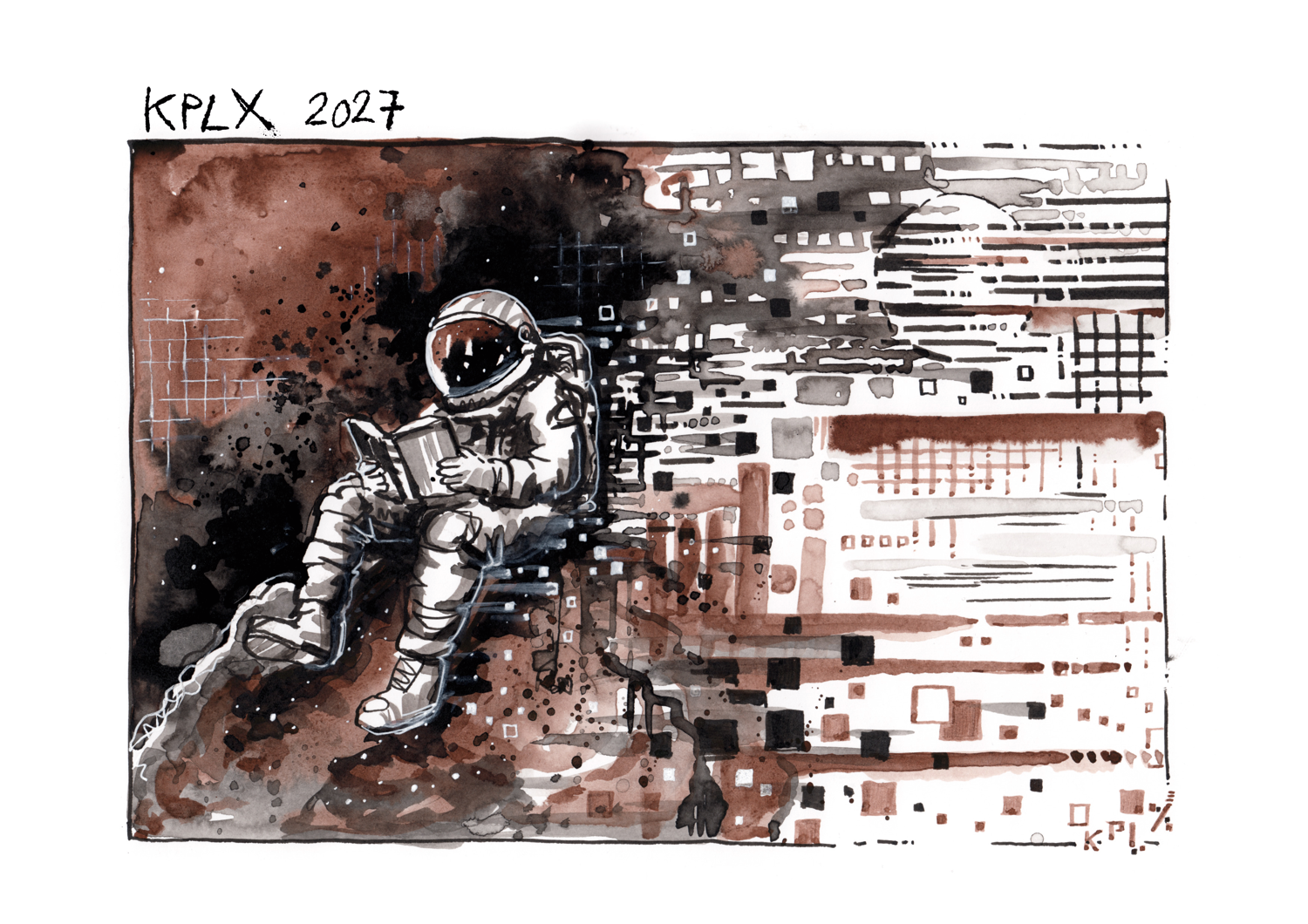 EN (Alt Text)
A4 ink illustration in black and sepia: An astronaut sits on a small asteroid in space, quietly reading a book. The left side of the composition is dominated by dark, high-contrast ink washes and splatters, while the right side dissolves into abstract grids, lines, and glitch-like structures. Faint celestial bodies and geometric forms appear in the background.