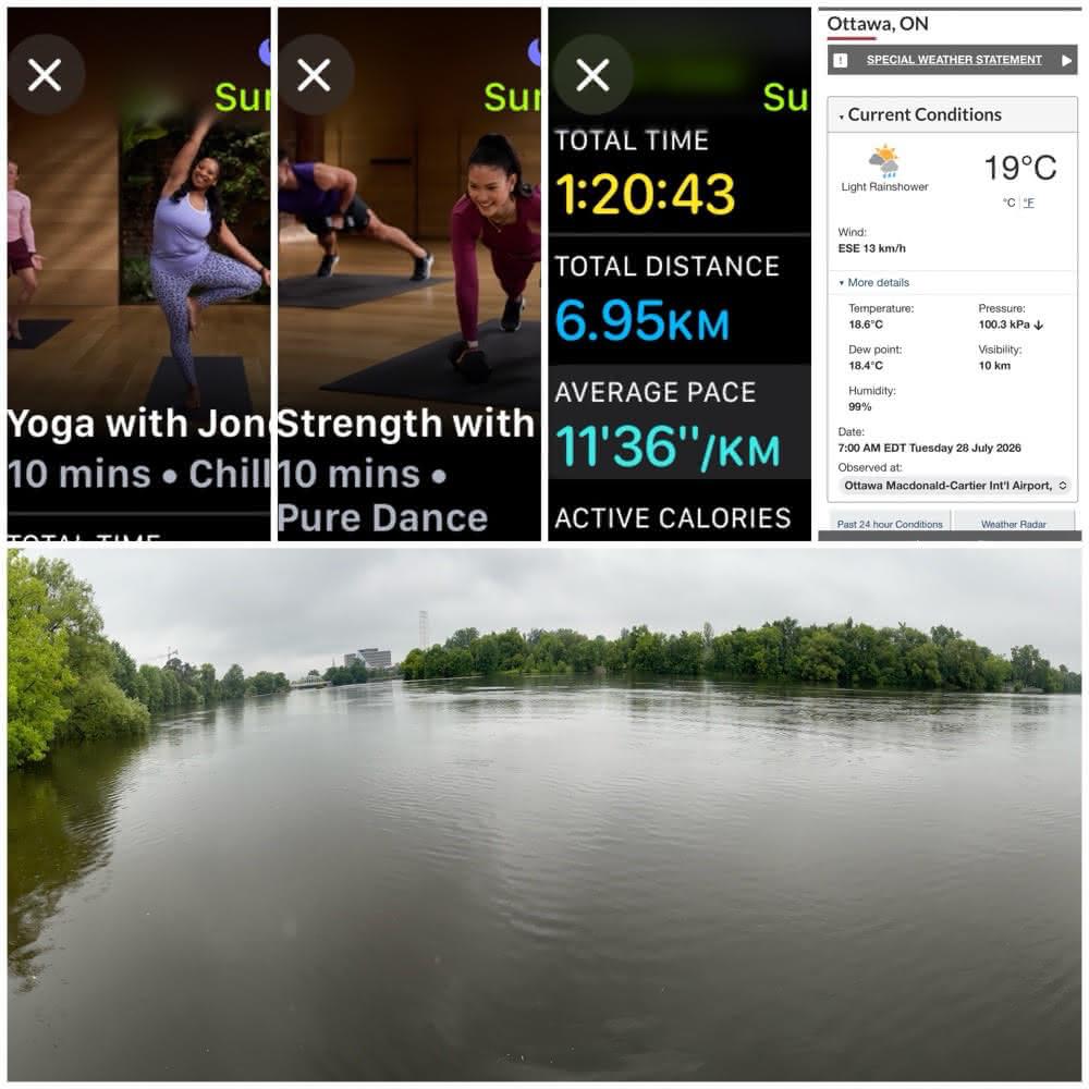 Grid of iOS screenshots and a photo:
1) Apple Fitness Yoga with Jonelle, 10 mins.

2) Apple Fitness Strength with Kim, 10 mins.

3) Apple Fitness Walking Details:
Total Time: 1:20:43.
Total Distance: 6.95 KM.
Average Pace: 11'36"/KM.

4) Environment Canada site showing light rain shower, 19°C, 99% humidity, and 13 KM/H wind.

5) Panorama photo of the Rideau River from the Bordeleau park dock, looking north-ish, under a grey, cloudy sky, with green trees lining both sides of the river.