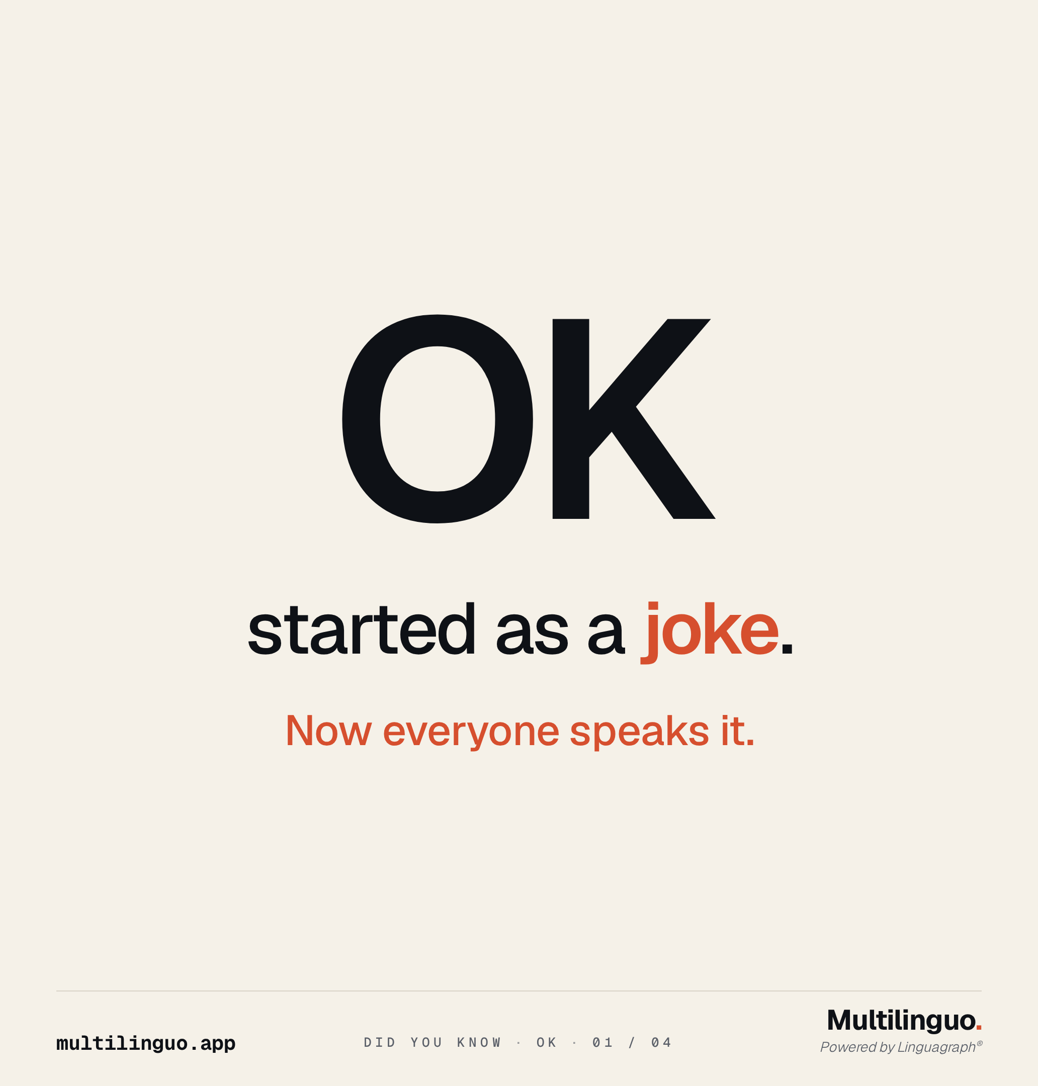 Did You Know OK, slide 1 of 4. Hero: OK started as a joke. Sub-line: Now everyone speaks it.
