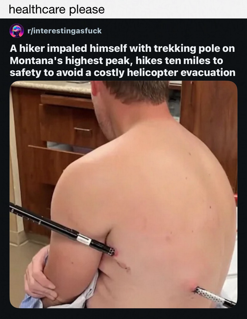 a reddit post in r/interestingasfuck “A hiker impaled himself with trekking pole on Montana's highest peak, hikes ten miles to safety to avoid a costly helicopter evacuation” with a photo attached of a person in a hospital with a hiking pole impaling their side.  a caption has been added above the screenshot “healthcare please”.