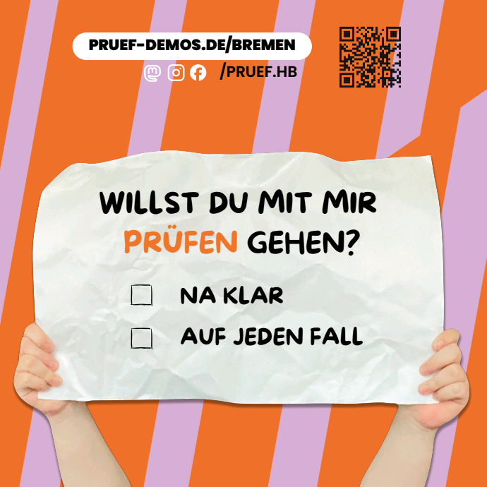 Sharepic, pink orange gestreifter Hintergrund, darauf weißes Textfeld:
"Willst du mitir prüfen gehen
-Na klar
-Auf jeden Fall

Mehr Auswahlmöglichkeiten sind nicht vorgesehen 😉