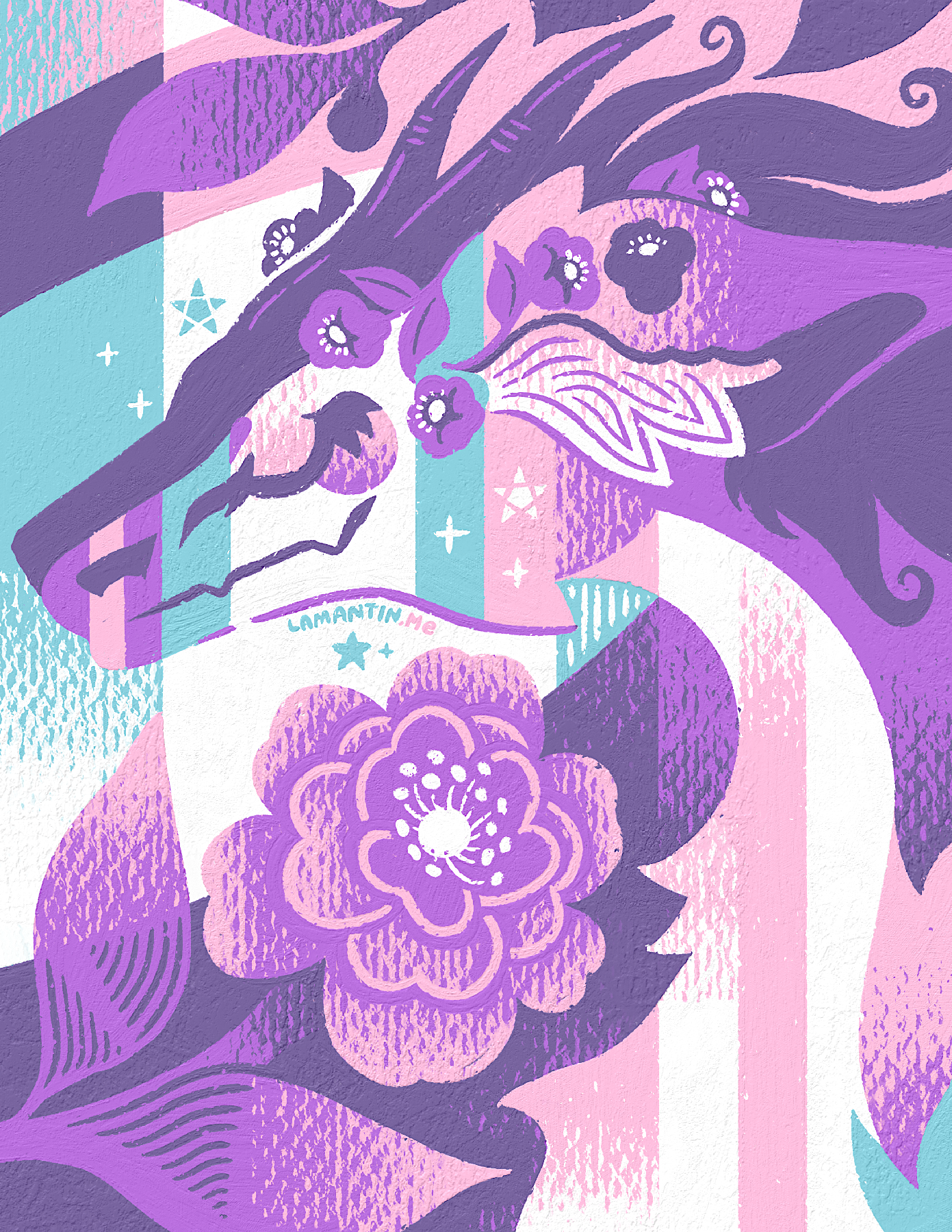 The artwork presents a striped dragon, colored in purple, cyan, pink and white. Around the dragon and on the dragon herself, a couple of sparkles can be seen;

The whole piece swirls around her, and presents various textures. On top of the dragon, a stick with a flower bud can be seen; And below the dragon, a big pink and purple blossoming Camellia flower can be seen;

The artwork centers around the dragon and the flower.