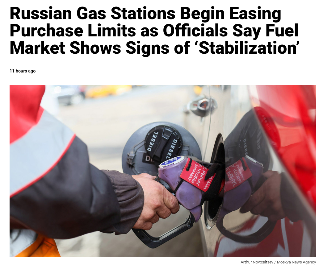 Major gas station chains in some Russian regions have begun rolling back gasoline purchase limits, with the easing of rationing measures mostly concentrated in central and southern Russia. #Russia