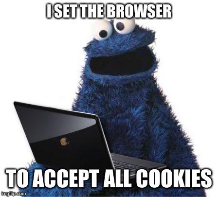 Cookie Monster from Sesame Street with a laptop, saying I set the browser to accept all cookies