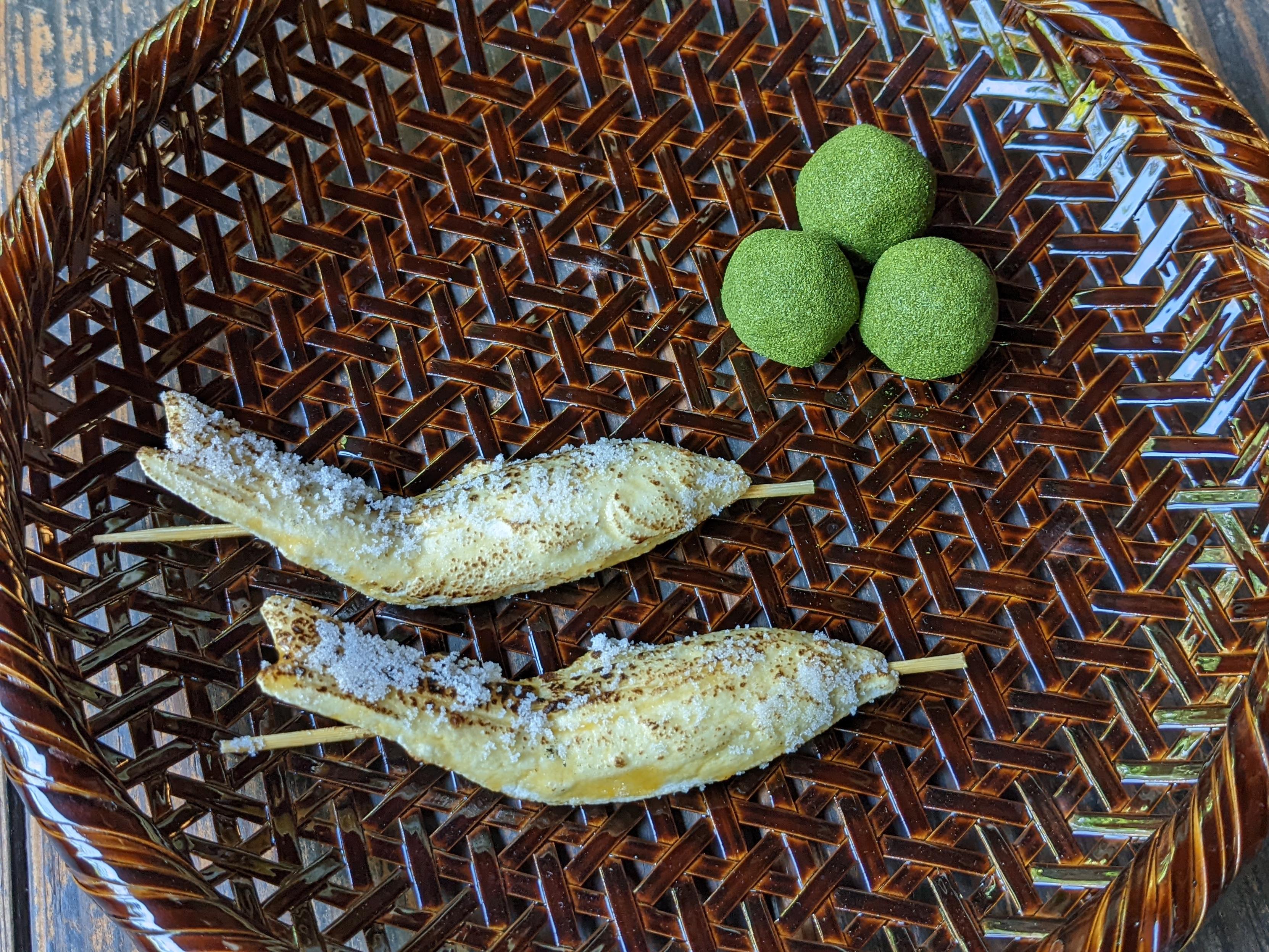 An unusual sweet designed to look like skewered and grilled sweetfish.