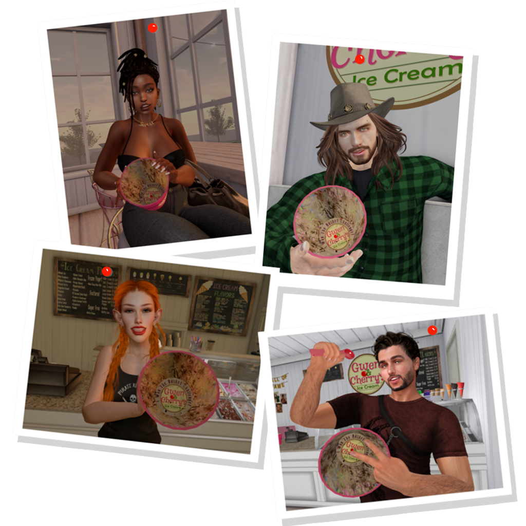 four photos that were 'taken' in Second Life hang on a wall. There is one person in each photo: a Black woman, a longer haired man in a cowboy hat, a redhaired elven woman with her hair in braids, and a curly haired man. Each person is holding an empty pink bucket that has recently held a lot of ice cream.  The bottom of the bucket reads "I won the Bucket Challenge", and displays the Gwen & Cherry's Ice Cream logo.
