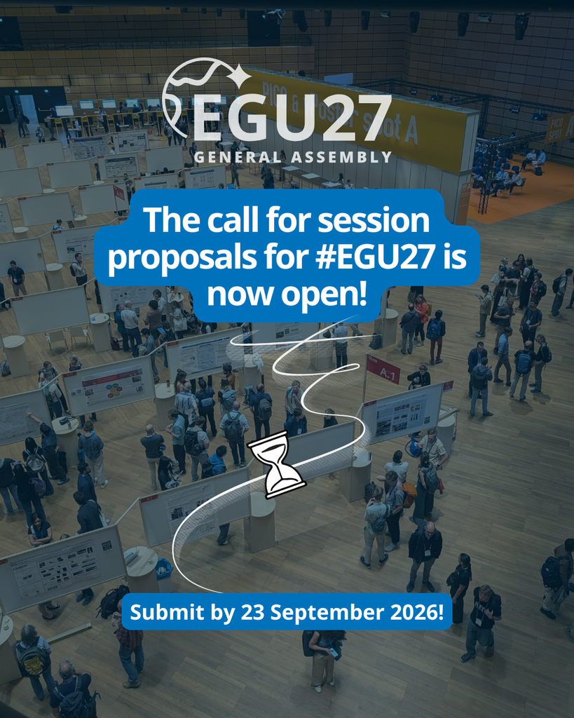Image description: attendees during the #egu26 conference. Text reads:'' The call for session proposals for #EGU27 is now open!  Submit by 23 September 2026!