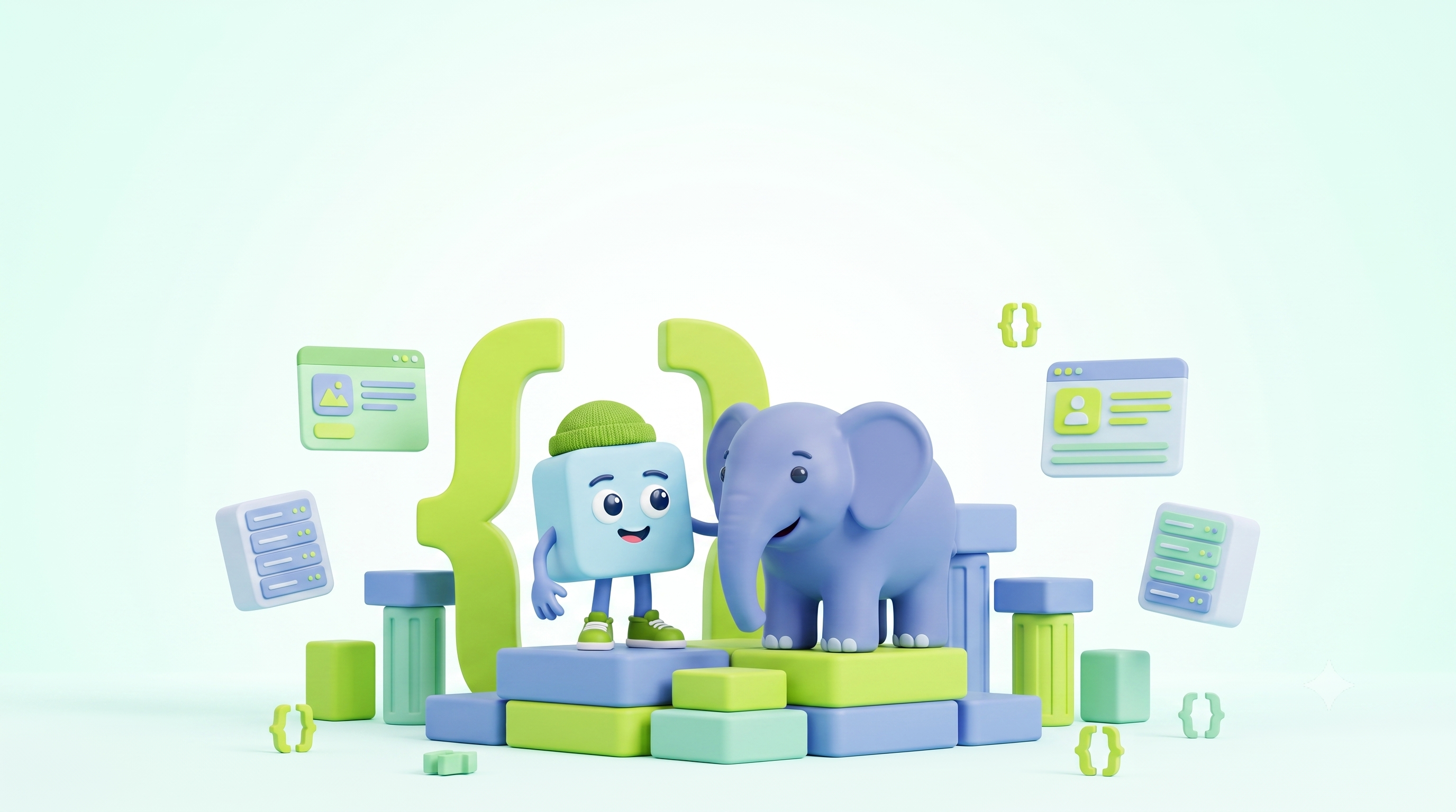 3D illustration in the SensioLabs style on a light background. The blue SensioLabs cube character, with a green beanie and sneakers and framed by green curly braces, rests a hand on the trunk of a friendly PHP elephant (in the PHP blue-purple color). They stand on a platform of stacked blocks and pillars, surrounded by floating browser and server icons, suggesting a solid, reliable foundation.