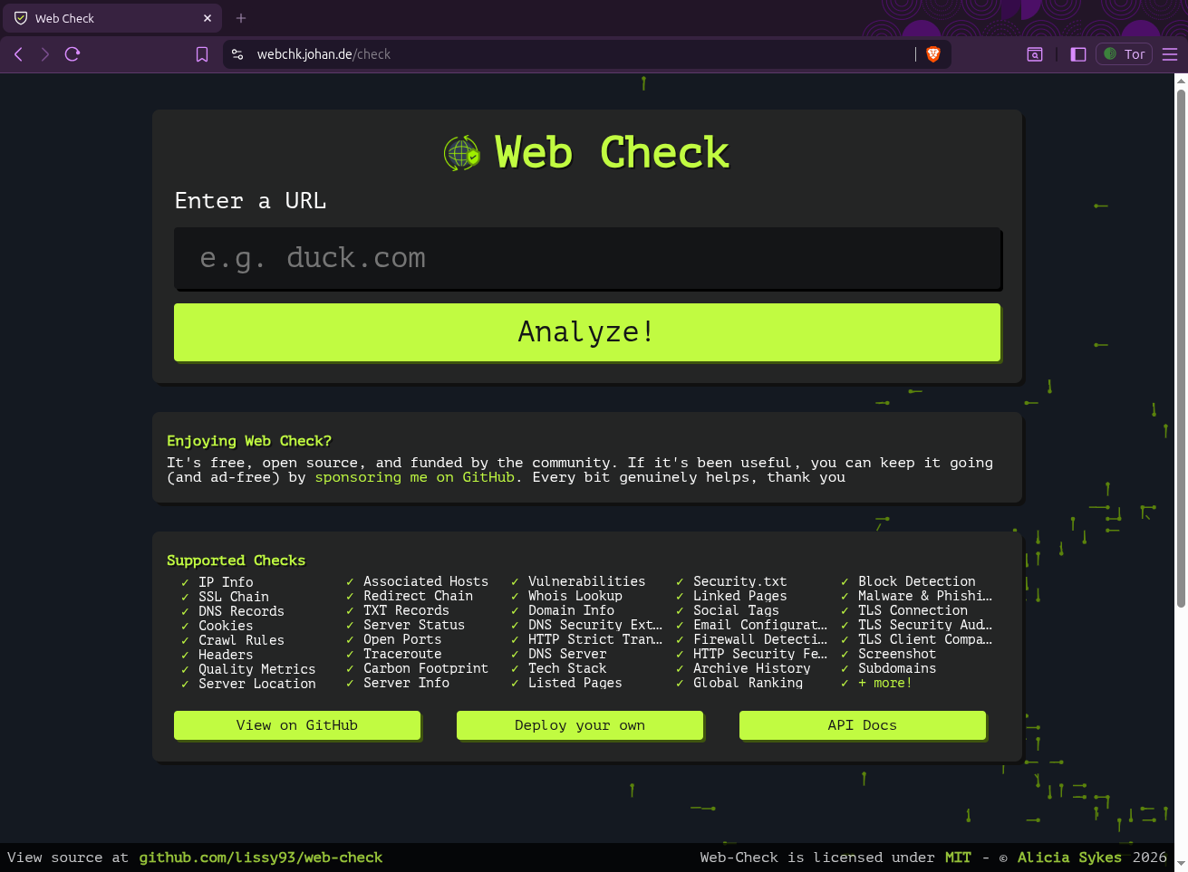 webchk.johan.de Screenshot vom OSINT Werkzeug, einem Werkzeug zur Website Analyse