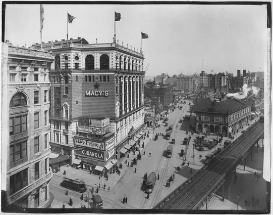 Vintage photo of Macy's in New York. Lots of trams, no cars.