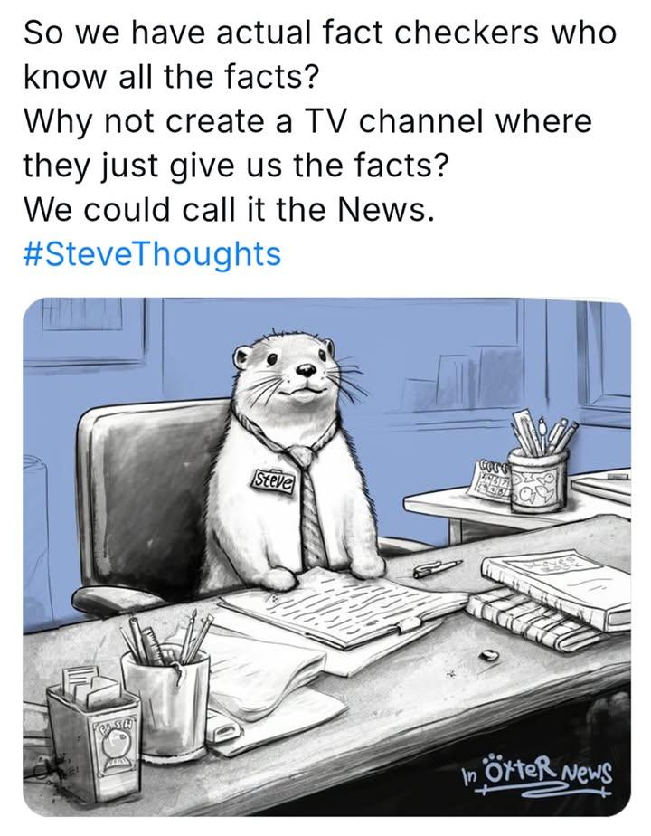 A grayscale cartoon of Steve the otter in a tie sitting behind a cluttered news desk in an office setting.