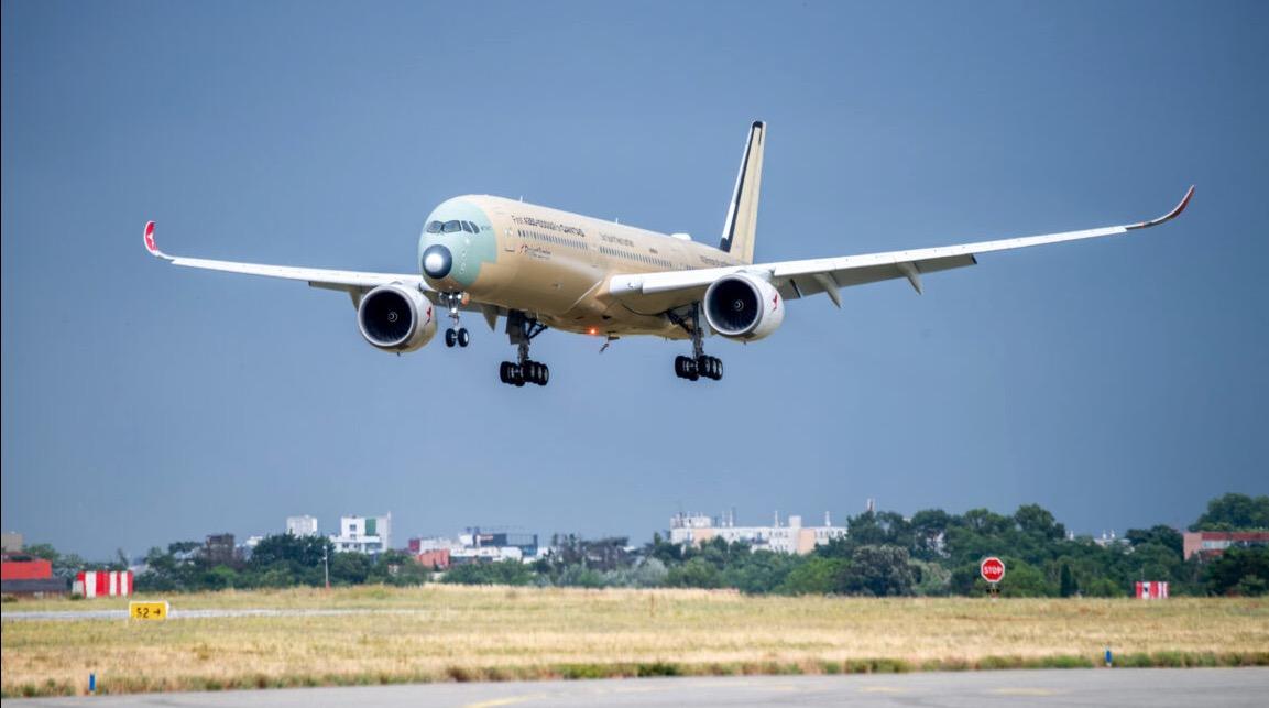 An Airbus A350-1000ULR built for Qantas Airways makes a landing during its first test flight on June 1, 2026.