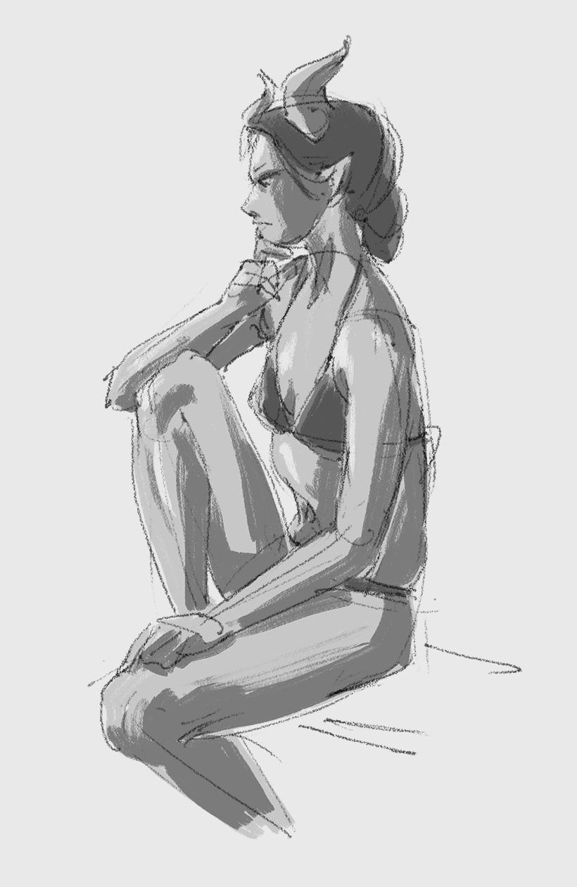 Sketch of a seated female figure with horns.