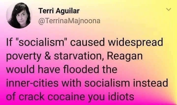 Terri Aguilar

@TerrinaMajnoona

If "socialism" caused widespread poverty & starvation, Reagan would have flooded the inner-cities with socialism instead of crack cocaine you idiots