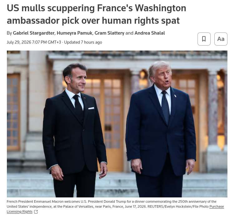 The United States is considering delaying, or even blocking, President Emmanuel Macrons choice for Frances next ambassador to Washington following public French criticism of the countrys human rights record, according to four sources. #Russia #US #France #EU