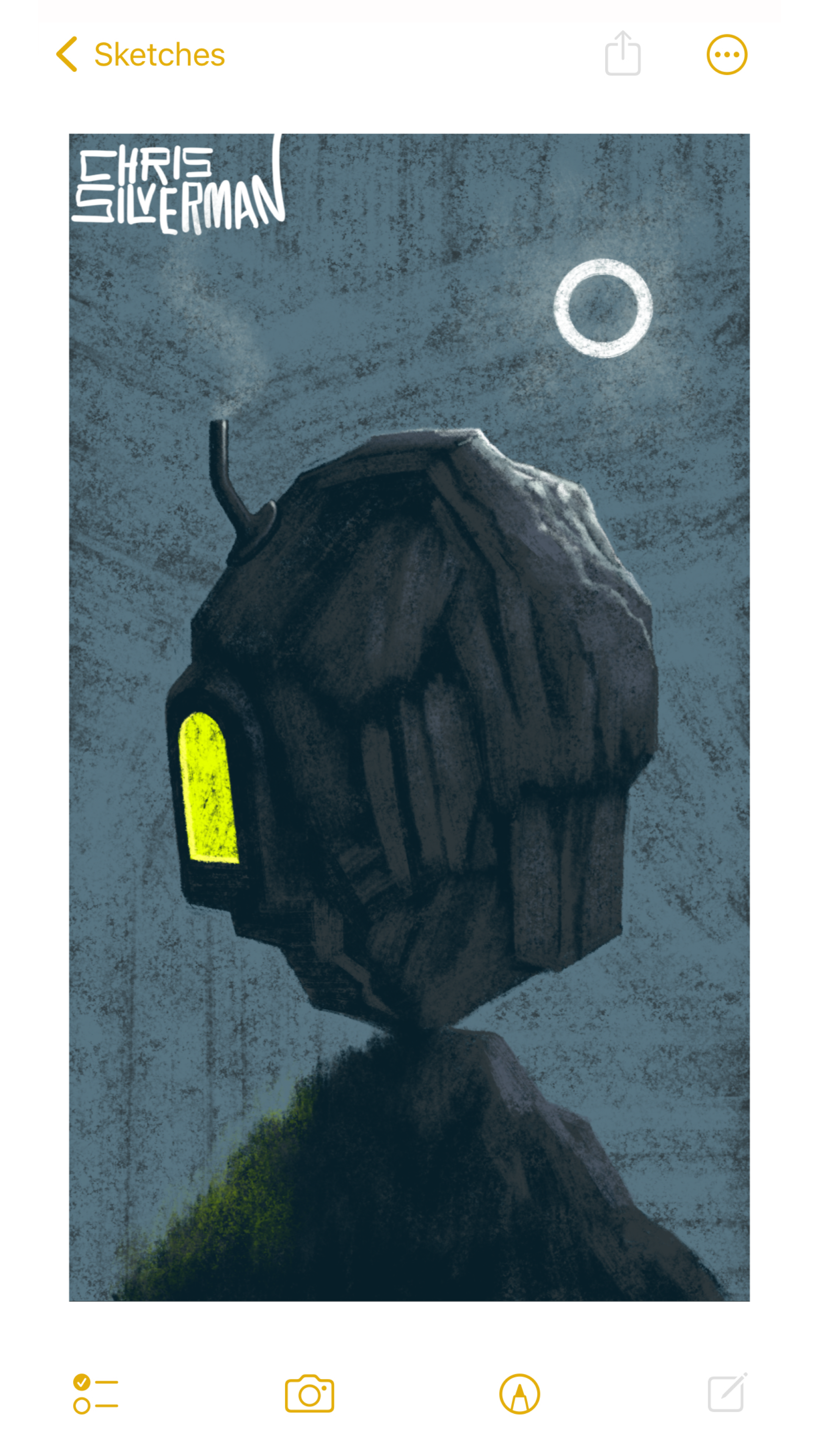 A large dark boulder purchased precariously on a small grassy hill at night. On the left side of the boulder is a glowing yellow window, indicating someone is inside. A small black chimney sticks out of the top left of the boulder. In the upper right of the dark gray sky is a glowing object that would look like a moon if it wasn't a white outline of a circle. The painting is signed "Chris Silverman".