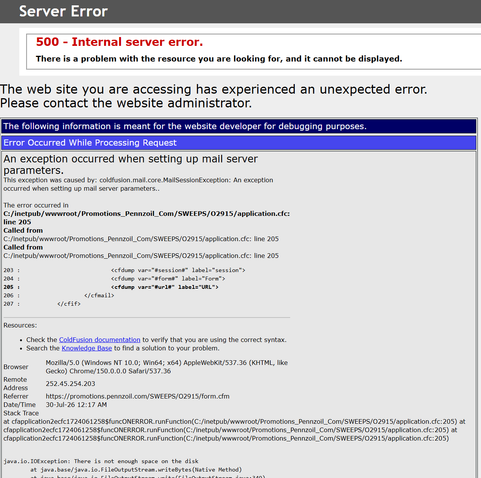 Server error page screenshot.

500 - Internal server error.
There is a problem with the resource you are looking for, and it cannot be displayed.

The web site you are accessing has experienced an unexpected error.
Please contact the website administrator.

The following information is meant for the website developer for debugging purposes.
Error Occurred While Processing Request
An exception occurred when setting up mail server parameters.
This exception was caused by: coldfusion.mail.core.Mai…