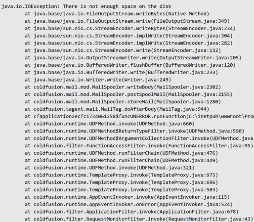 Stack trace further down the page. java.io.IOException: There is not enough space on the disk.