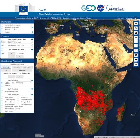 Global Wildfire Information System webko kaptura bat erakusten *gaur* zenbat sute dagozan Afrikako kontinentean.