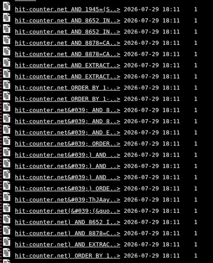 A file listing, showing a bunch of txt files with attempted SQL injection exploits in their filenames. I don't think it worked.