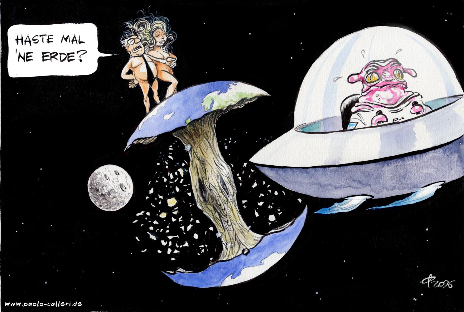 Karikatur "Jährlicher Sündenfall" aus dem Jahr 2026. Ein nackter Mann mit Krawatte und eine nackte Frau mit langem Haar stehen auf der Oberseite der Erde, die die Form eines Apfelrestes hat. Im dunklen Raum befinden sich zudem der Mond und eine davonrauschende Ufo mit einem verschreckten Außerirdischen darin. Der Mann mit der Krawatte hält seinen linken Arm ausgestreckt und spricht den Außerirdischen an: Haste mal ne Erde?