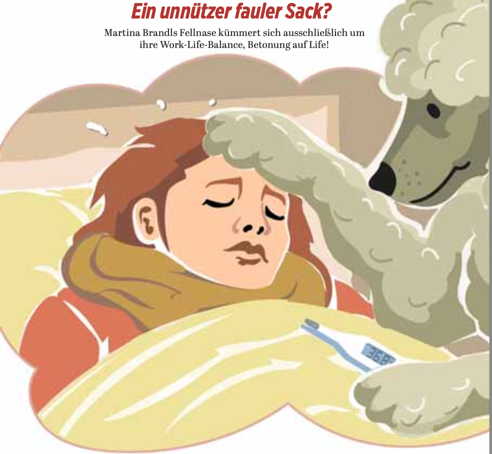 Illustration von Katja Weikenmeier. Eine bunte Zeichnung: eine Frau liegt dick eingepackt im Bett, leidend. Daneben ein Pudel, der ihr die Pfote auf die Stirn legt und in der anderen Pfote ein Fieberthermometer hält.