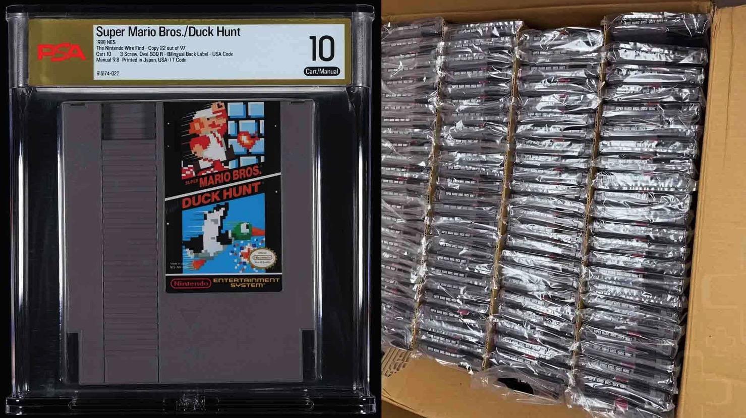 Left, a pristine NES Super Mario Bros / Duck Hunt cartridge. Right, a box full of similar cartridges.