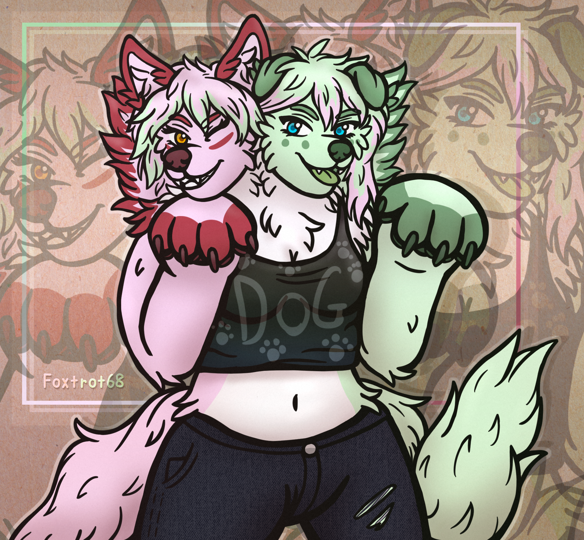 A cleaned and shaded sketch of Eco, pink and green orthrus doggy. She's posing as if for a picture, pink head has that paw raised and resting under her chin, green one is smiling with her tongue showing and other big paw raised close to that side. Eco's wearing a short black crop top with the word "Dog" on it and several small paw prints surrounding it and black denim pants with two decorative tears on one leg. The background has two multi colored box framing them, colored green light pink and red, our watermark is on the bottom left corner in pink and green reflecting Eco's colors. The canvas behind has a cardboard texture and a lighter section in the middle for some contrast and two semi transparent copies of Eco's two sides emphasizing the expressions