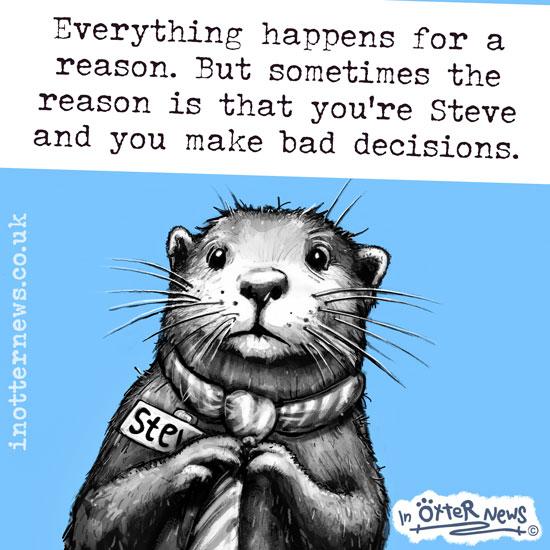 Whimsical black-and-white sketch of a front-facing otter in a tie and name badge set against a solid blue background.
