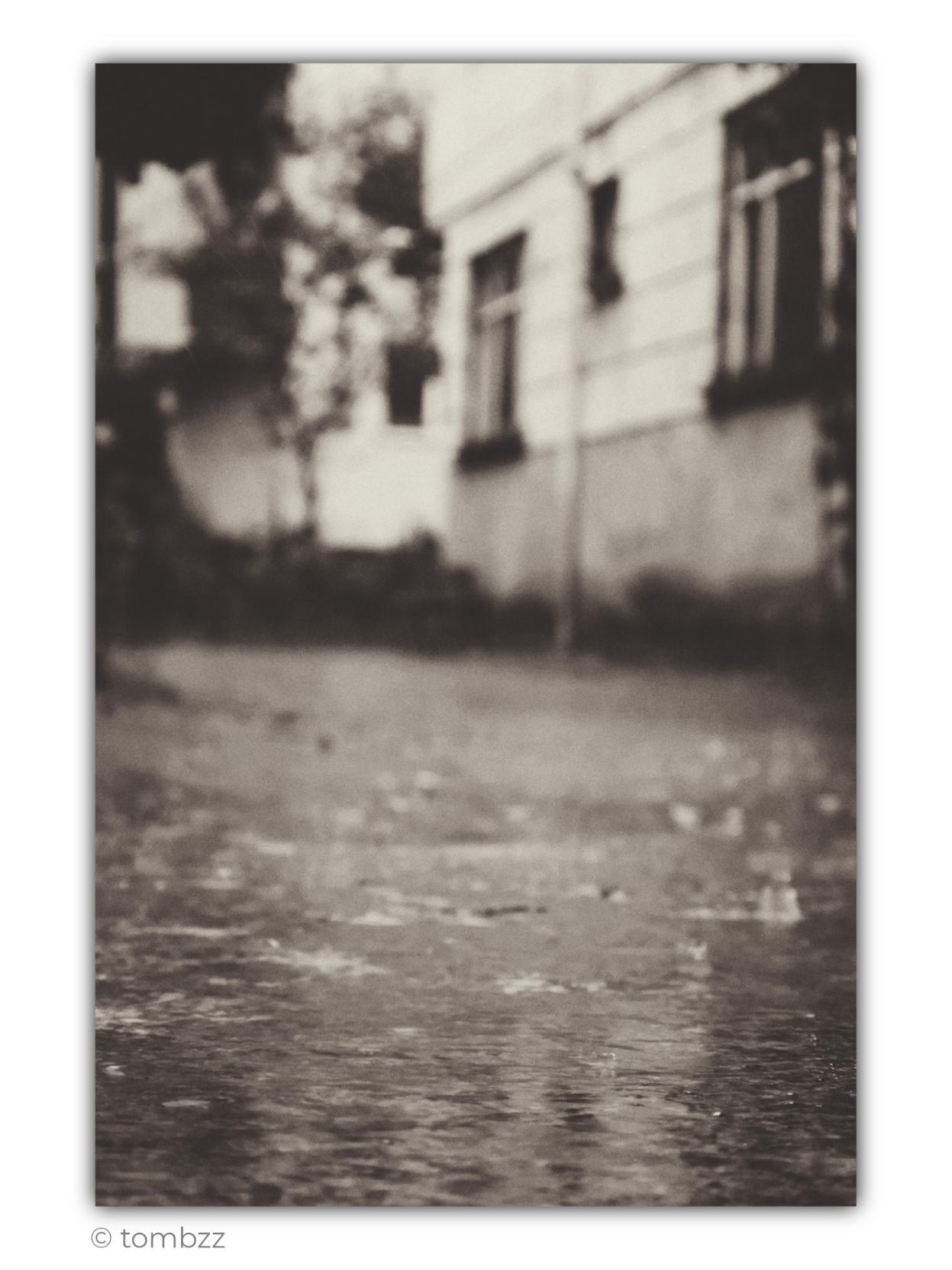 Analog black-and-white photograph in a vintage style, taken in the rain from a very low perspective. The foreground is filled with wet pavement, where falling raindrops, small splashes and circles spreading across a thin layer of water are visible. This is where the image holds slightly more focus, emphasizing the texture of the puddles and the shimmering reflections of light. In the softly blurred background stands an old, classically styled building with a pale façade divided by horizontal bands. Dark rectangular windows, some with small sills or decorative frames, create a quiet rhythm across the wall. On the left, indistinct silhouettes of trees, shrubs and part of a neighbouring building can be seen. The softness, grain and muted shades of grey give the photograph a nostalgic, slightly dreamlike atmosphere, like a rainy day preserved on an old strip of film.