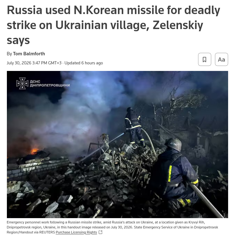 Russia used a North Korean missile for a strike on a village that ‌killed five members of the same family, Ukrainian President Volodymyr Zelenskiy said on Thursday, in what would be the first time such a weapon has been fired in the war in nearly a year. #Russia #NorthKorea