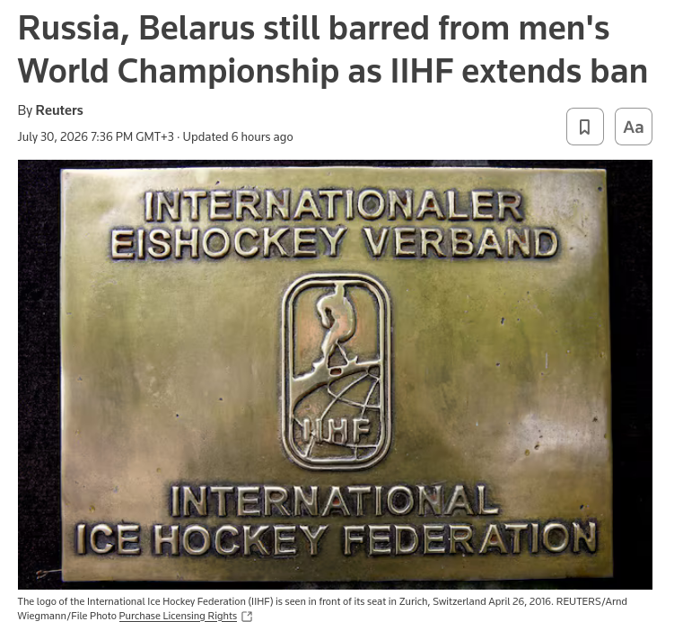 Russia and Belarus will remain excluded from most major international ice hockey tournaments next season, the sports world governing body said on Thursday, citing "ongoing safety, security and sporting integrity concerns". #Russia #IIHF